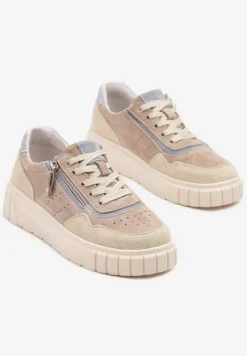 Ciemnobeżowe Sneakersy ze Skóry Naturalnej z Ozdobnym Suwakiem Tilliraya