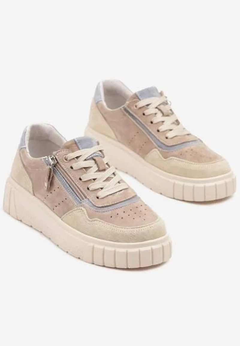 Ciemnobeżowe Sneakersy ze Skóry Naturalnej z Ozdobnym Suwakiem Tilliraya