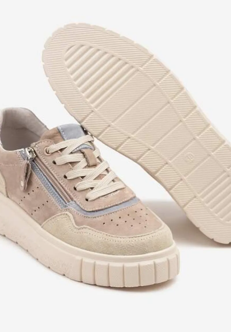 Ciemnobeżowe Sneakersy ze Skóry Naturalnej z Ozdobnym Suwakiem Tilliraya