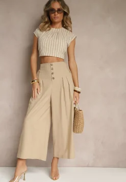 Ciemnobeżowe Spodnie Culottes High Waist z Bawełny Zdobione Guzikami Izuma