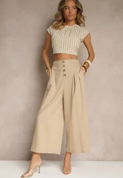 Ciemnobeżowe Spodnie Culottes High Waist z Bawełny Zdobione Guzikami Izuma