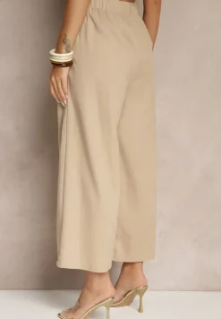 Ciemnobeżowe Spodnie Culottes High Waist z Bawełny Zdobione Guzikami Izuma
