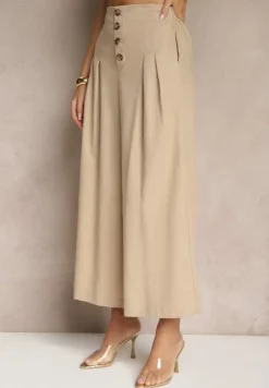 Ciemnobeżowe Spodnie Culottes High Waist z Bawełny Zdobione Guzikami Izuma