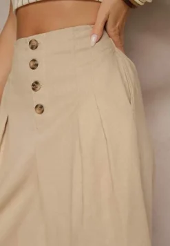 Ciemnobeżowe Spodnie Culottes High Waist z Bawełny Zdobione Guzikami Izuma