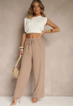 Ciemnobeżowe Spodnie High Waist ze Sznurkiem w Talii i Prostą Nogawką Raveann