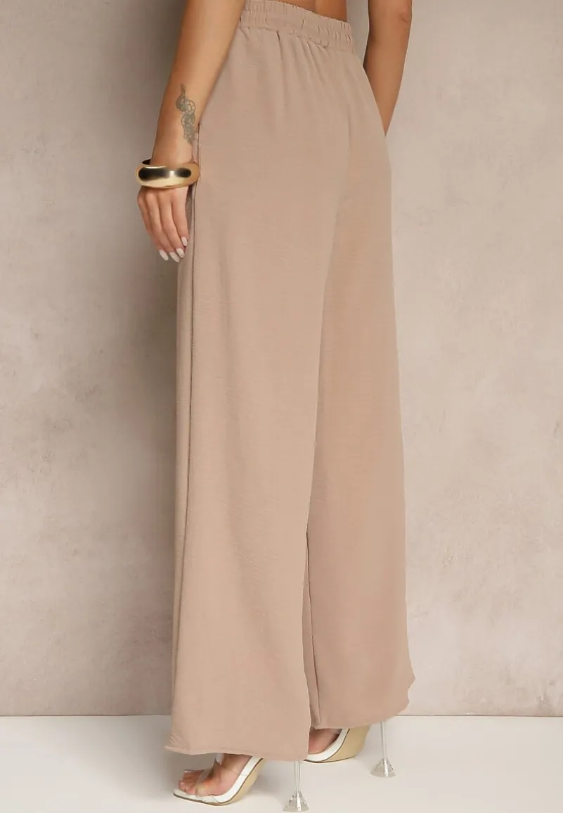 Ciemnobeżowe Spodnie High Waist ze Sznurkiem w Talii i Prostą Nogawką Raveann