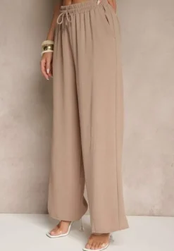 Ciemnobeżowe Spodnie High Waist ze Sznurkiem w Talii i Prostą Nogawką Raveann