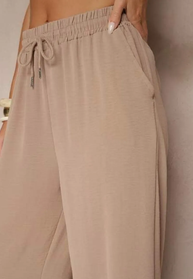 Ciemnobeżowe Spodnie High Waist ze Sznurkiem w Talii i Prostą Nogawką Raveann