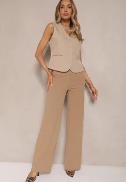 Ciemnobeżowe Spodnie o Garniturowym Fasonie z Wiskozą i Prostymi Nogawkami Senarielia