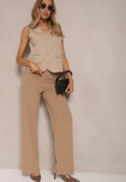 Ciemnobeżowe Spodnie o Garniturowym Fasonie z Wiskozą i Prostymi Nogawkami Senarielia