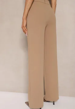 Ciemnobeżowe Spodnie o Garniturowym Fasonie z Wiskozą i Prostymi Nogawkami Senarielia
