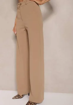 Ciemnobeżowe Spodnie o Garniturowym Fasonie z Wiskozą i Prostymi Nogawkami Senarielia
