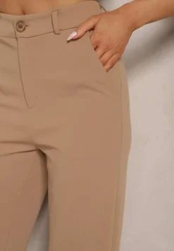 Ciemnobeżowe Spodnie o Garniturowym Fasonie z Wiskozą i Prostymi Nogawkami Senarielia