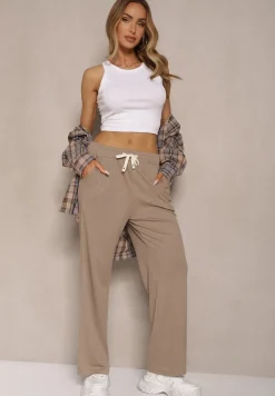 Ciemnobeżowe Spodnie o Prostym Kroju z Gumką w Pasie Miritia