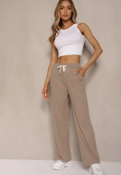 Ciemnobeżowe Spodnie o Prostym Kroju z Gumką w Pasie Miritia