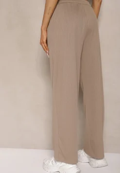 Ciemnobeżowe Spodnie o Prostym Kroju z Gumką w Pasie Miritia