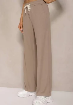 Ciemnobeżowe Spodnie o Prostym Kroju z Gumką w Pasie Miritia