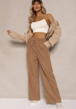 Ciemnobeżowe Spodnie o Szerokim Kroju High Waist z Wiązaniem w Pasie Ettianne