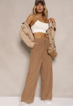 Ciemnobeżowe Spodnie o Szerokim Kroju High Waist z Wiązaniem w Pasie Ettianne
