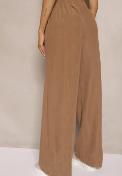 Ciemnobeżowe Spodnie o Szerokim Kroju High Waist z Wiązaniem w Pasie Ettianne