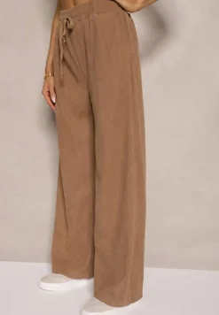 Ciemnobeżowe Spodnie o Szerokim Kroju High Waist z Wiązaniem w Pasie Ettianne