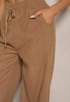 Ciemnobeżowe Spodnie o Szerokim Kroju High Waist z Wiązaniem w Pasie Ettianne