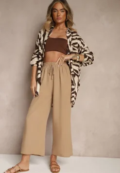 Ciemnobeżowe Spodnie z Bawełny Typu Palazzo z Gumką w Talii Fieana