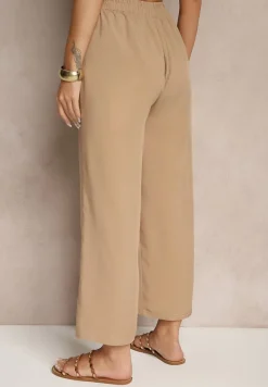 Ciemnobeżowe Spodnie z Bawełny Typu Palazzo z Gumką w Talii Fieana