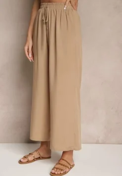 Ciemnobeżowe Spodnie z Bawełny Typu Palazzo z Gumką w Talii Fieana