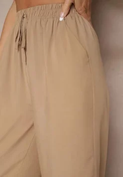 Ciemnobeżowe Spodnie z Bawełny Typu Palazzo z Gumką w Talii Fieana