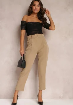 Ciemnobeżowe Spodnie z Paskiem Eudea