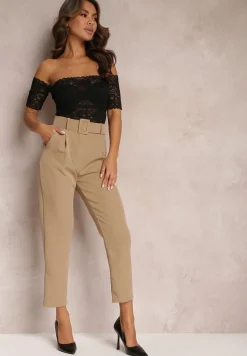 Ciemnobeżowe Spodnie z Paskiem Eudea