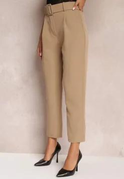 Ciemnobeżowe Spodnie z Paskiem Eudea