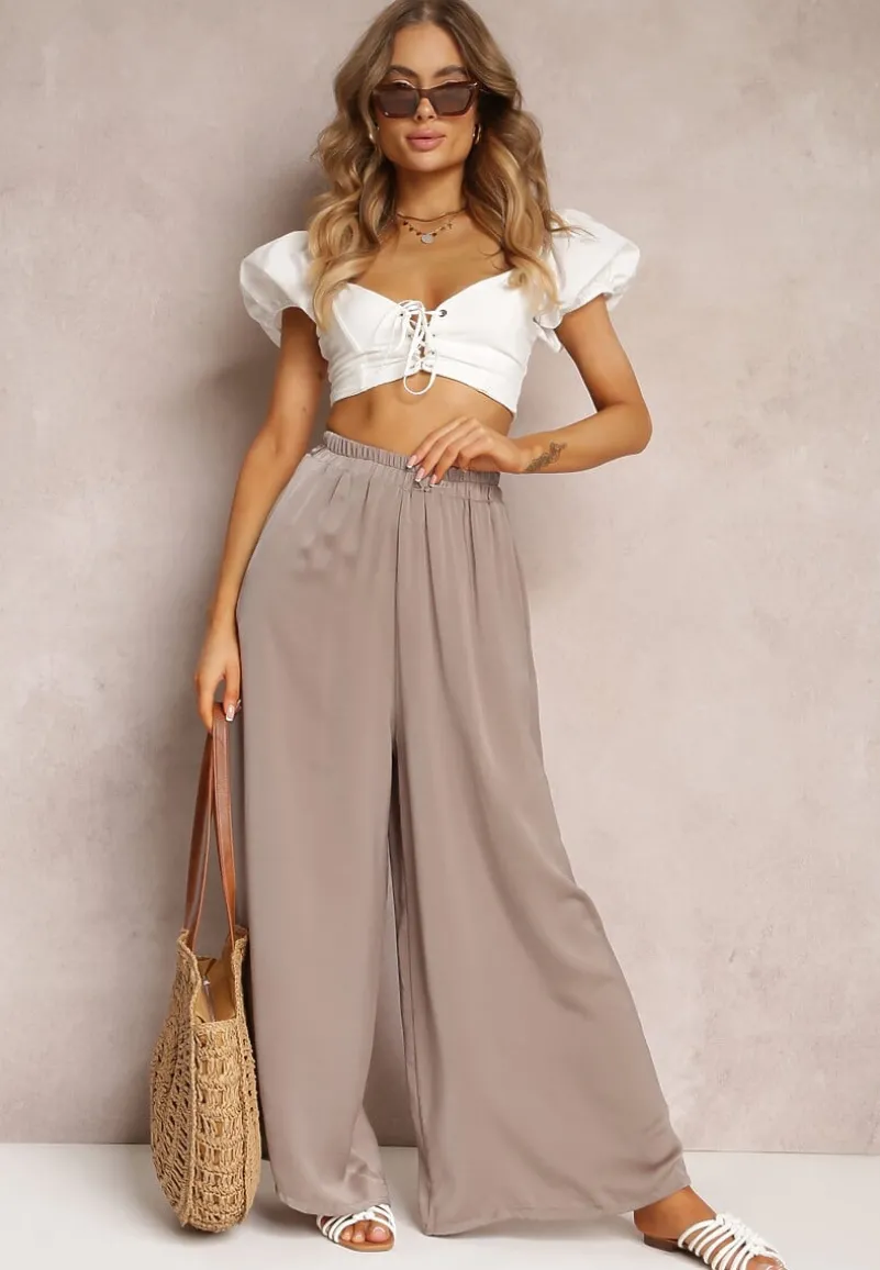 Ciemnobeżowe Spodnie z Szerokimi Nogawkami i Gumką w Pasie Jacobisa