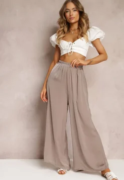 Ciemnobeżowe Spodnie z Szerokimi Nogawkami i Gumką w Pasie Jacobisa