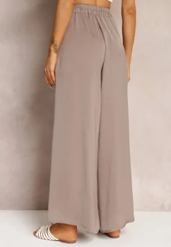 Ciemnobeżowe Spodnie z Szerokimi Nogawkami i Gumką w Pasie Jacobisa