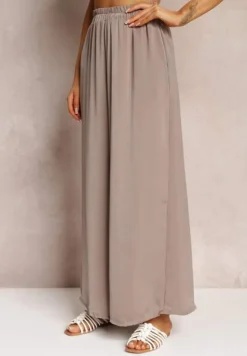 Ciemnobeżowe Spodnie z Szerokimi Nogawkami i Gumką w Pasie Jacobisa