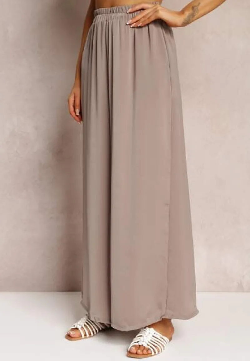 Ciemnobeżowe Spodnie z Szerokimi Nogawkami i Gumką w Pasie Jacobisa