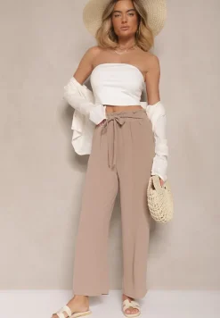 Ciemnobeżowe Spodnie z Wiskozą o Szerokim Kroju High Waist z Wiązaniem Ivelwia