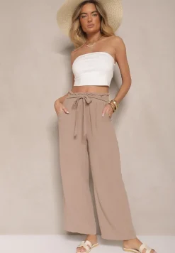 Ciemnobeżowe Spodnie z Wiskozą o Szerokim Kroju High Waist z Wiązaniem Ivelwia