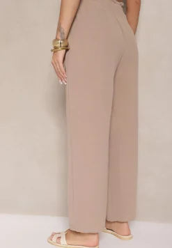 Ciemnobeżowe Spodnie z Wiskozą o Szerokim Kroju High Waist z Wiązaniem Ivelwia
