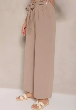 Ciemnobeżowe Spodnie z Wiskozą o Szerokim Kroju High Waist z Wiązaniem Ivelwia