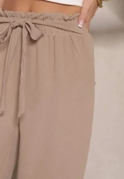 Ciemnobeżowe Spodnie z Wiskozą o Szerokim Kroju High Waist z Wiązaniem Ivelwia