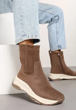 Ciemnobeżowe Streetwearowe Botki z Ekozamszu na Tłoczonej Platformie Realaeth