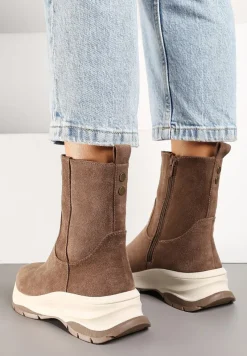 Ciemnobeżowe Streetwearowe Botki z Ekozamszu na Tłoczonej Platformie Realaeth