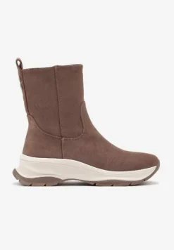 Ciemnobeżowe Streetwearowe Botki z Ekozamszu na Tłoczonej Platformie Realaeth