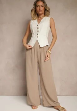 Ciemnobeżowe Szerokie Spodnie High Waist z Wiązaniem w Talii Reivaritta