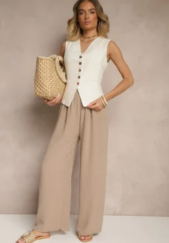 Ciemnobeżowe Szerokie Spodnie High Waist z Wiązaniem w Talii Reivaritta