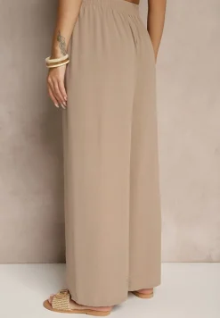 Ciemnobeżowe Szerokie Spodnie High Waist z Wiązaniem w Talii Reivaritta