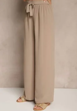 Ciemnobeżowe Szerokie Spodnie High Waist z Wiązaniem w Talii Reivaritta